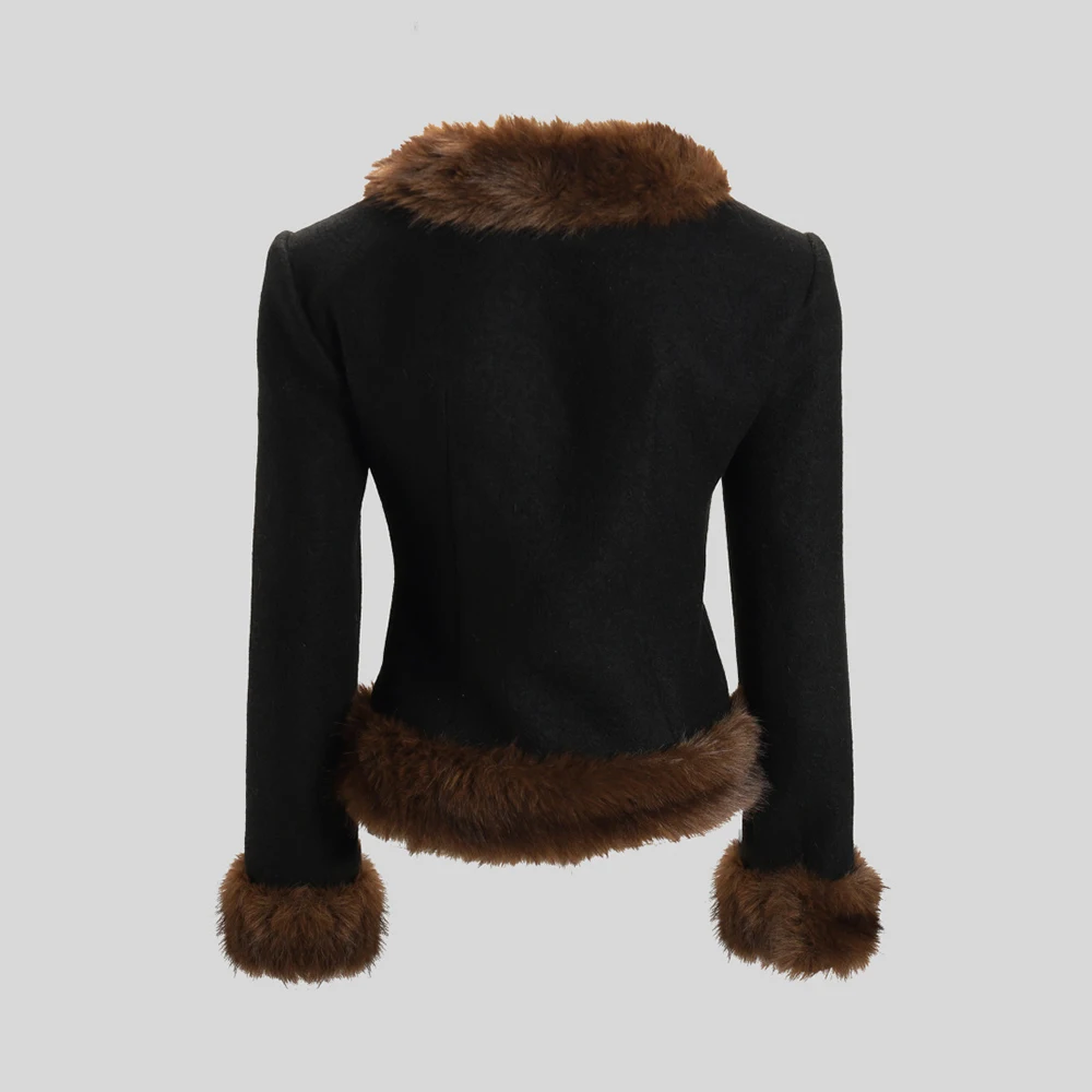 

Fitted Wool Blend Women's Jacket with Waist Cinching, Elegant Fur Collar Patchwork Jacket Top 2025 Fall/Winter New Arrival Y2K
