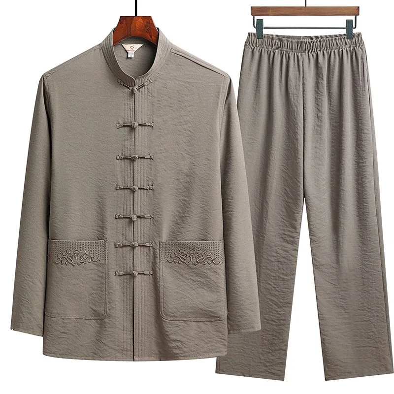 Men Chinese Traditional Set Man Autumn Buckle Kung Fu Shirt Oriental Retro Top +Pants Tai Chi Breathable Uniforms Hanfu Sets