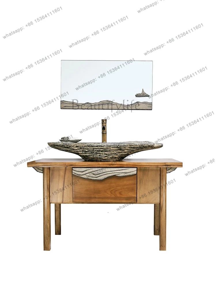 

Modern Chinese Style Wash Basin Bathroom Vintage Creative Solid Wood Hand Washing Basin Cabinet Combination