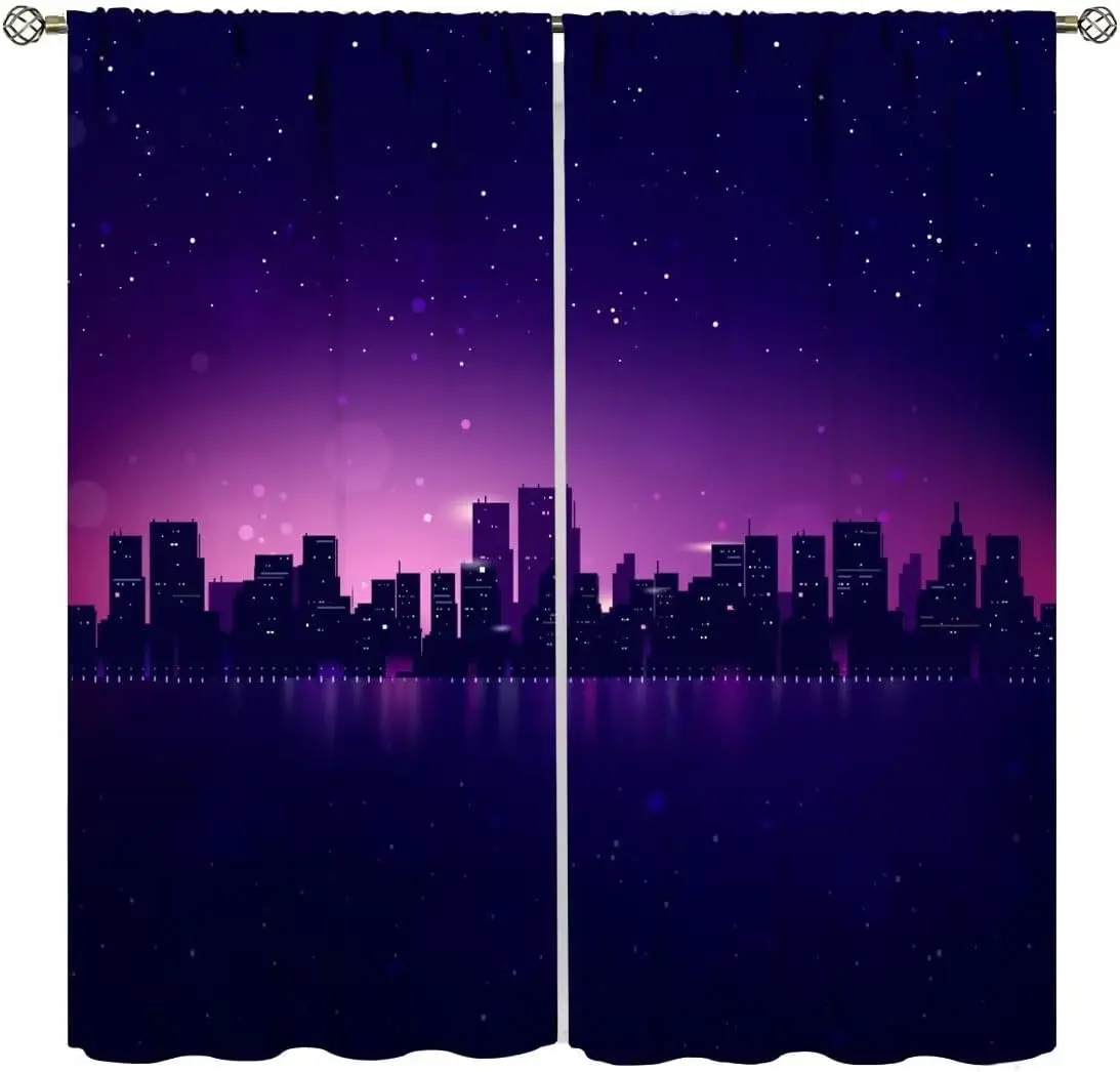 Starry Urban Nightscape Blackout Curtain 2 Panels Water Reflection City Building Print Window Drape for Bedroom Gaming Studio