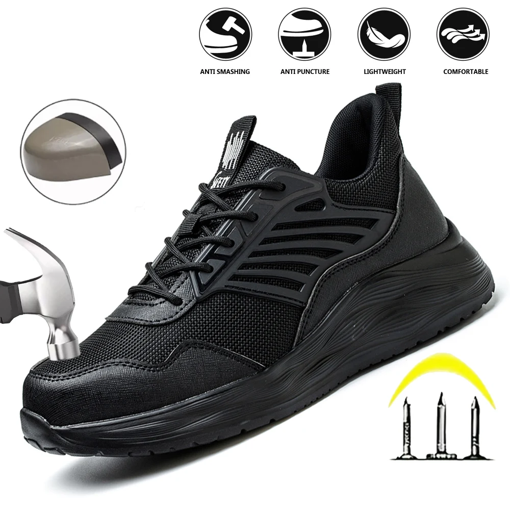 

Men's Steel Toe Safety Shoes Anti-Crush And Piercing Fashion Pure Black Work Shoes for Comfort And Protection