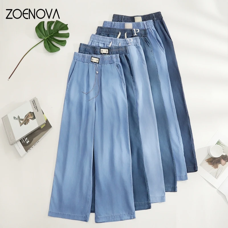 ZOENOVA Harajuku Street Fashion Women\'s Denim Wide Leg Pants Summer Thin Lyocell Ice Silk Loose High Waist Straight Casual Jeans