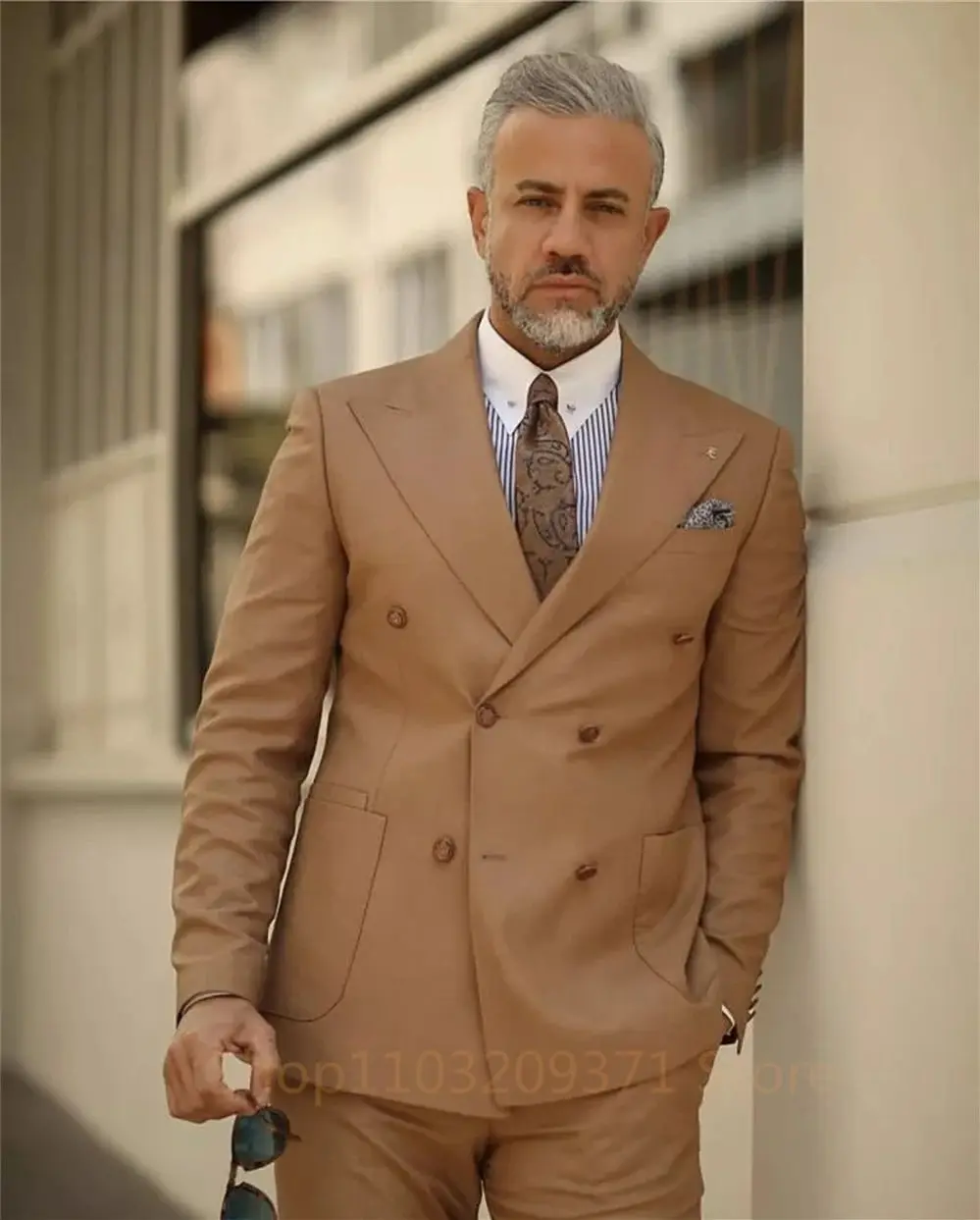 Khaki Suit for Mens Double Breasted Blazer Wedding Groom Tuxedo 2 Piece (Jacket+Pants) Groomsman Formal Dress