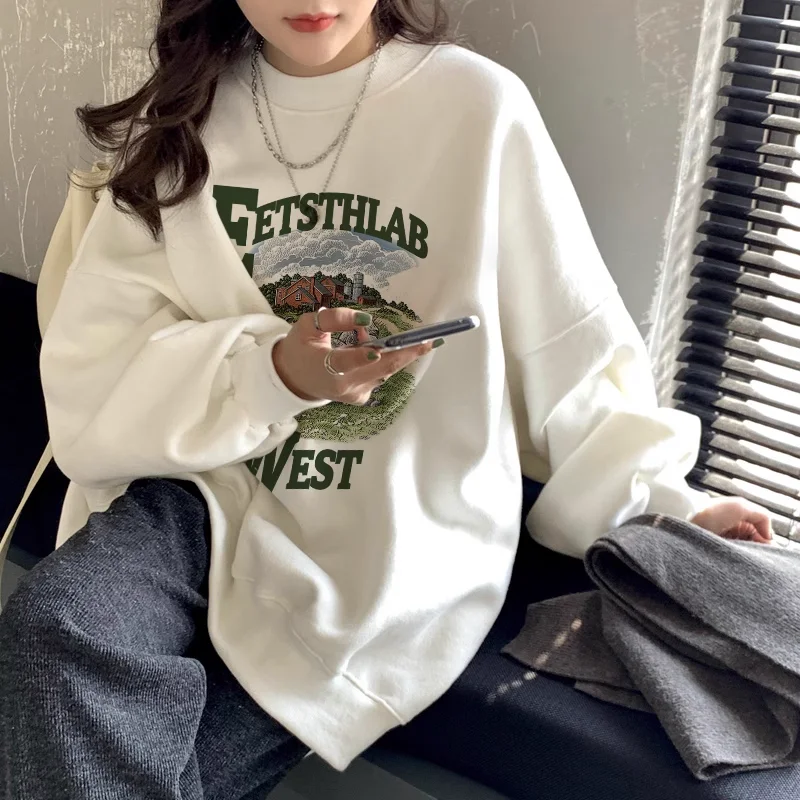 

Толстовка с капюшоном в американском стиле ретро для женщин, утолщенная и плюшевая, свободная, с круглым вырезом, плюс, в гонконгском стиле, шикарный топ в стиле ретро без шляпы