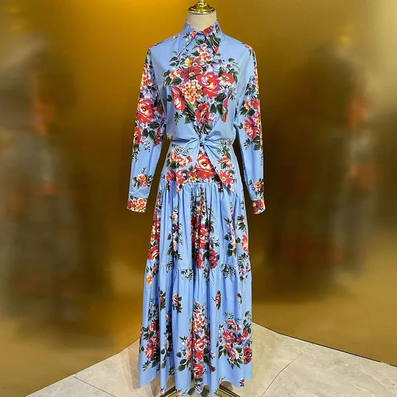 

Seifrmann 2026 New Women's Suit Turn-Down Collar Long Sleeved Single-Breasted Tops+Casual Skirt Print Cotton 2-piece set