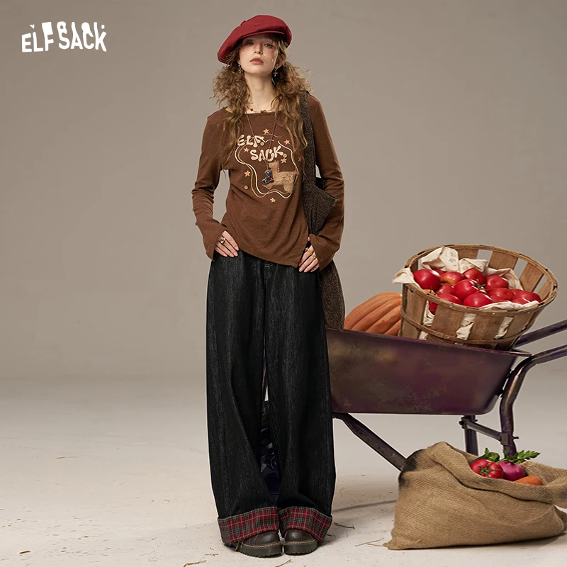 ELFSACK 2025 automne nouveautés décontracté rétro motif à carreaux Patchwork conception Demin cheville longueur pantalon pour femme