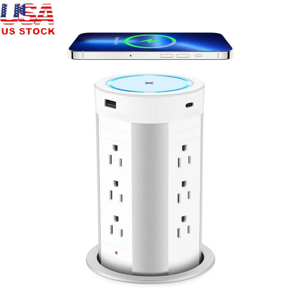 Popup Countertop Outlet 17-Device Charging Station Wireless 15W Charger 90W Output Surge Protection