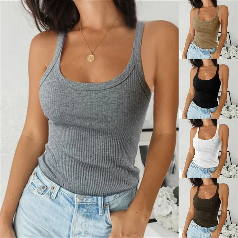 Top negro acanalado sin hombros para mujer, camiseta sin mangas Sexy de punto con cuello redondo, Tops sólidos sin mangas para mujer 2023