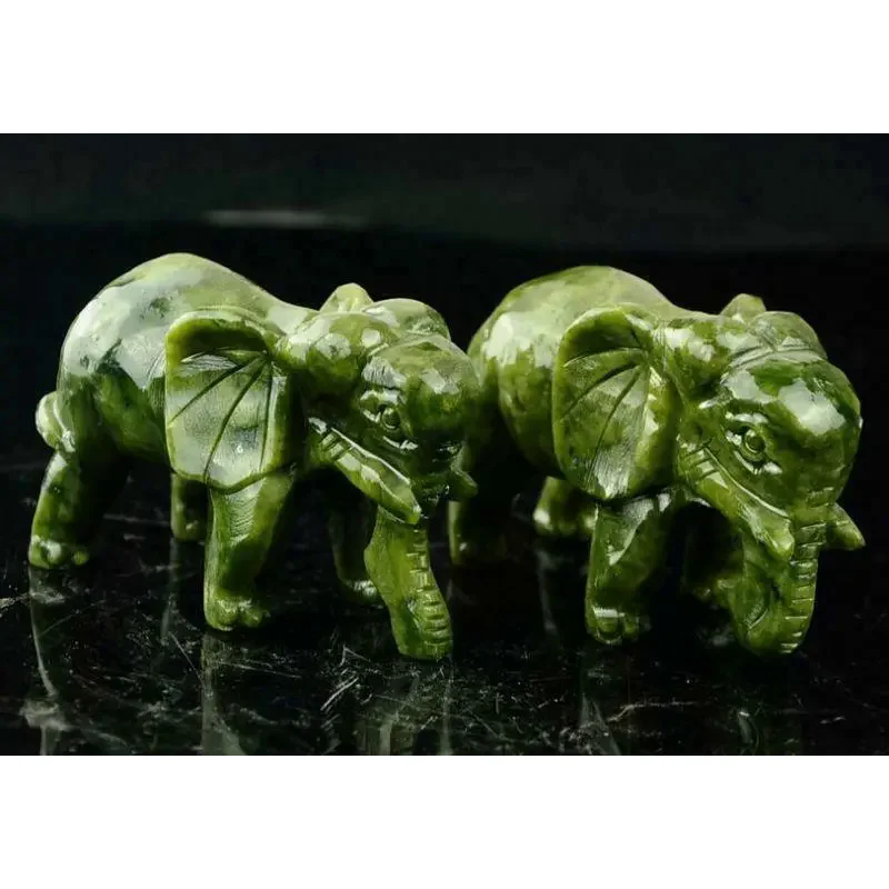 

A Pair 100% China Natural Jade Hand-Carved Statues of Elephant Very Good