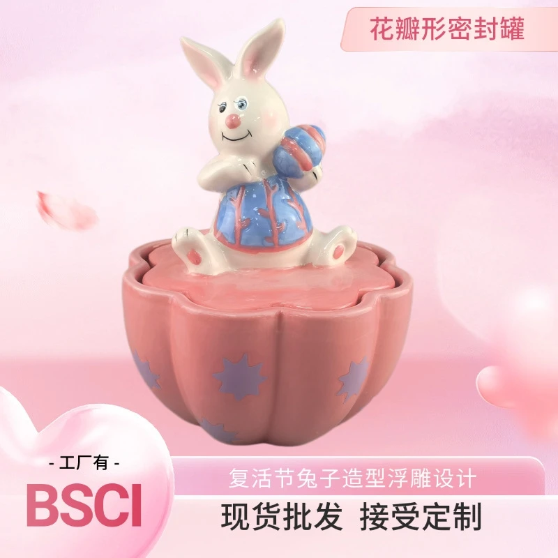 Easter Ceramic Rabbit Cookie Jar Hand Painted White Clay Animal Shaped Candy Storage Canister Home Table Decor Kids Gift