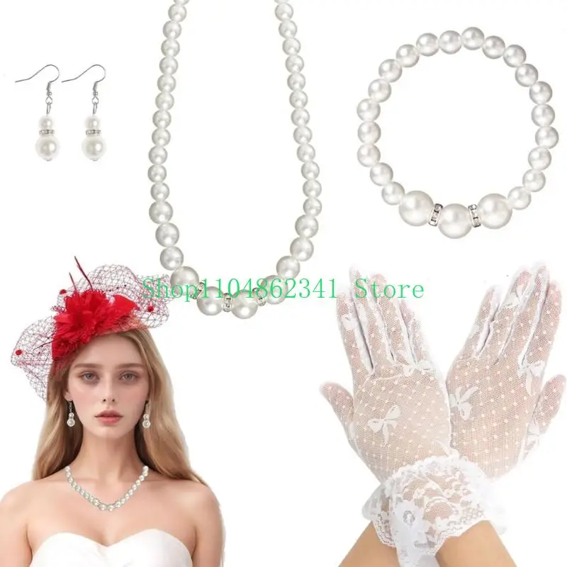 5asd 1920s Teas Party Fascinators Hat Headband Lace Gloves Necklace Bracelet Earrings 5Pcs Halloween Teas Party Accessories