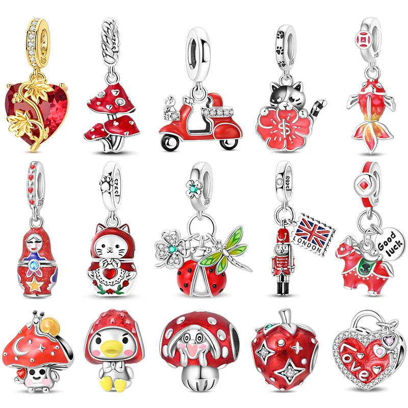 Red Series Cat Ladybug Silver Charms Beads Fit Original Bracelet Bag Keychain Earring Charm Bead Pendant Diy Women Jewelry Gift