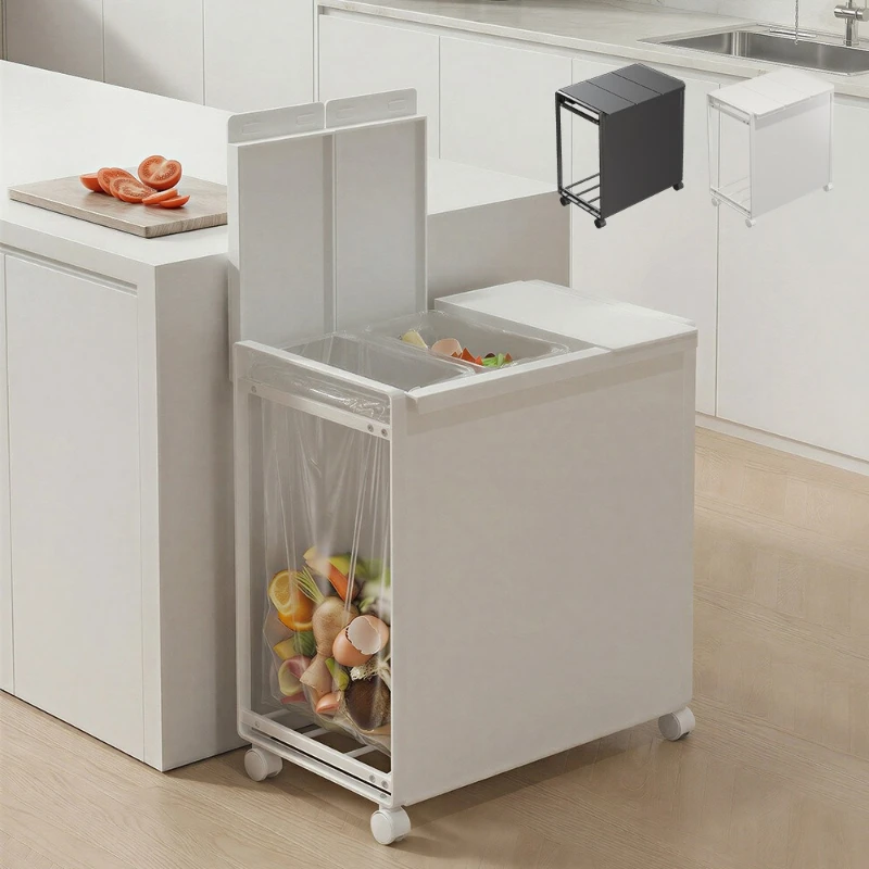 

Removable 3-category garbage bag hanger cart with lid, large-capacity wet and dry garbage rack in the back kitchen
