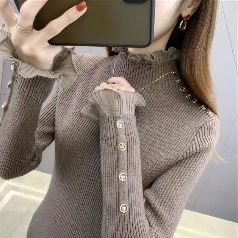 Women Clothing Korean Fashion Ruffle Patchwork Elegant Basic Knitwears Autumn Winter Half High Collar Slim Long Sleeve Pullovers