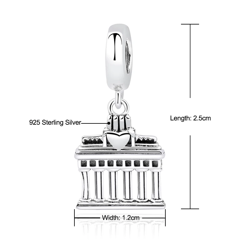 New Real 100% 925 Sterling Silver Bead Charm Greek Parthenon Temple Heart Pendant Charms Fit  Bracelets Women DIY Jewelry