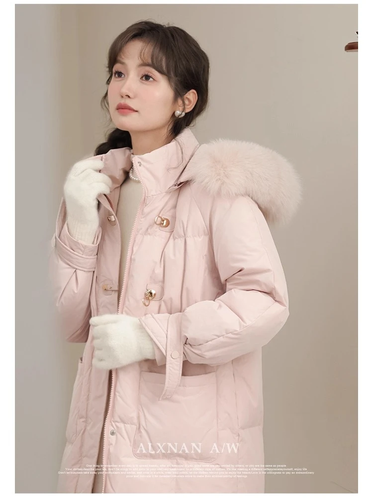ALXNAN Women's Winter Down Jacket 2025 Winter Pink Thick Warm Jacket 90 White Duck Down Real Fur Collar Hooded Coats LXN329119
