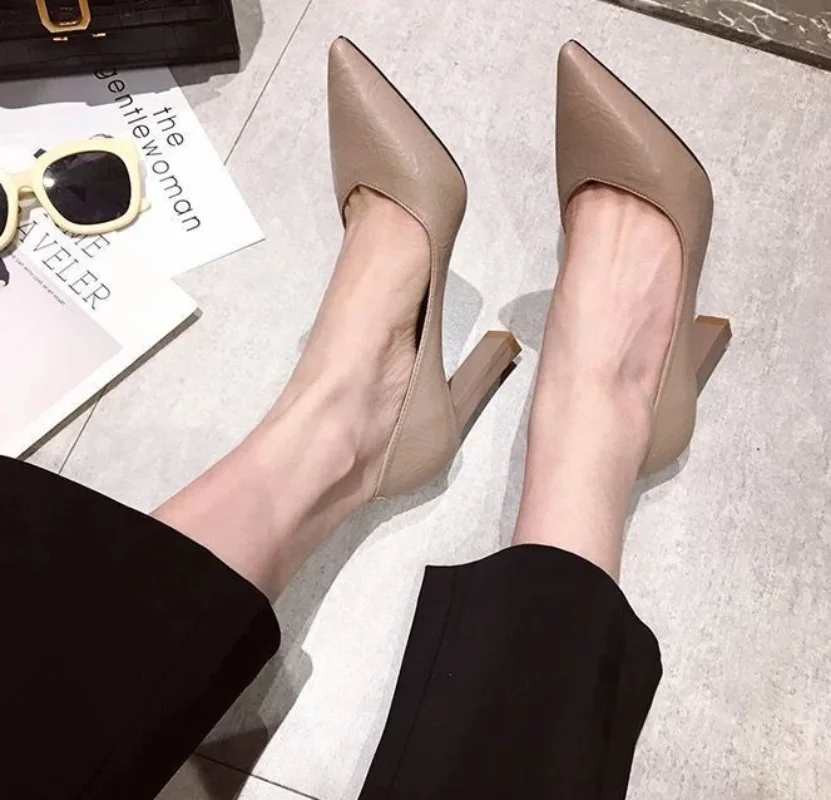 Ladies Summer Footwear Pointed Toe Shoes for Women 2024 Office Super High Heel Black Formal Square Heels Genuine Mark Beau Today