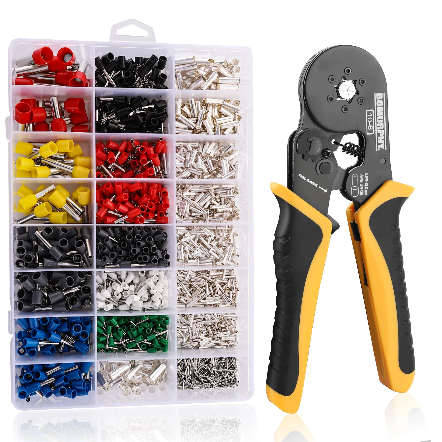 Bomurphy Hex Ferrule Crimper Zange Kit mit Drahtverbinder, AWG24-8 Sägezahn selbstverstellbare Ratschen-Drahtklemmen Crimper Kit