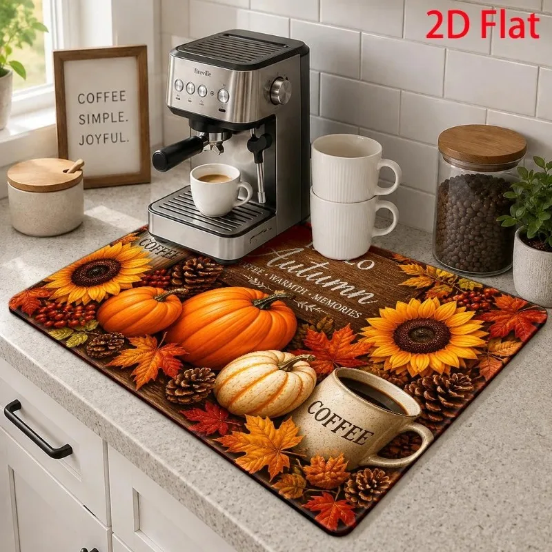 Coffee Bar Mat Vintage Wood Texture Sunflower Pumpkin Desktop Cushion Autumn Memory Tea Runner