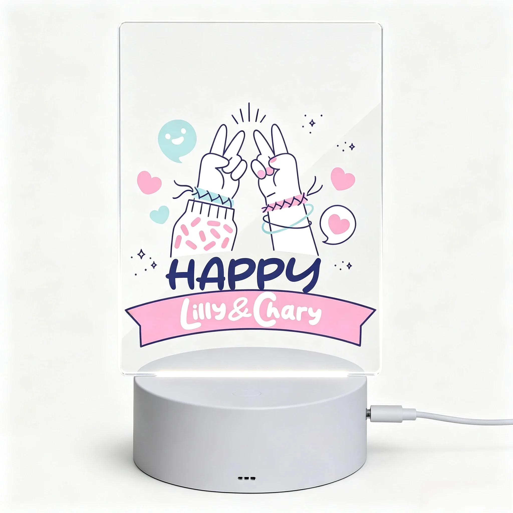 Cute Friendship Hand‑Touch Acrylic Nightlight Customized Name Desk Lamp,Personalised Bestie Happy Friendship LED Light Home Room Decor Present