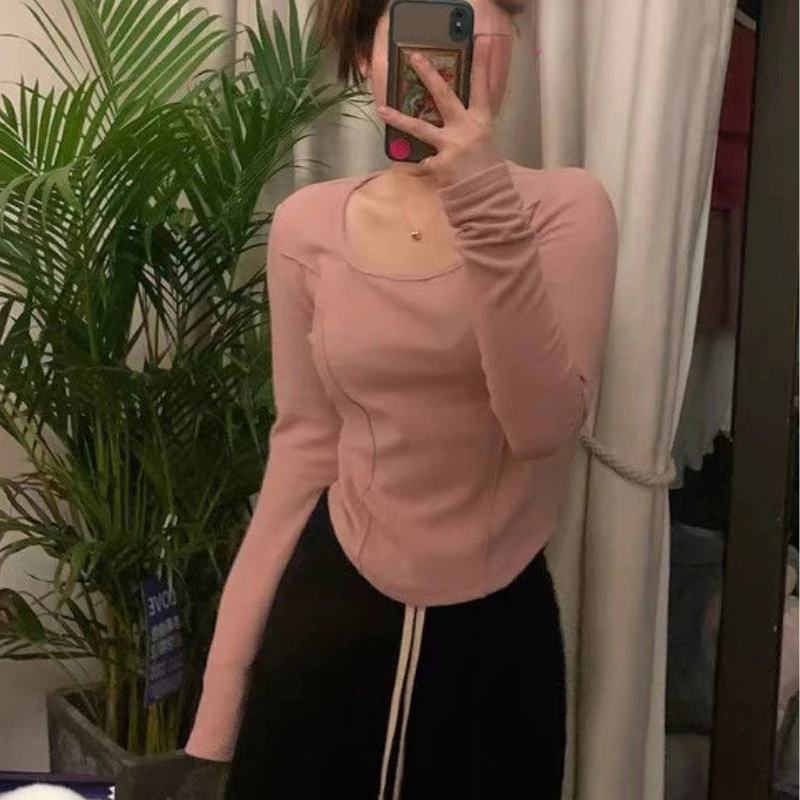 

Футболки женские однотонные с длинным рукавом Уютная минималистичная одежда Kpop Базовые классические тонкие укороченные топы Сращенные Футболка Женский Шик