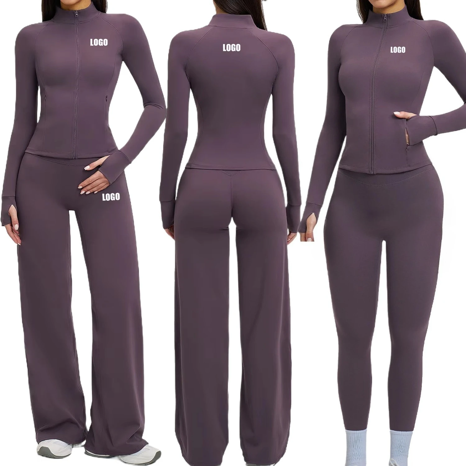 Custom LOGO women's long-sleeved casual yoga suit jacket wide-leg trousers sports running fitness two-piece set