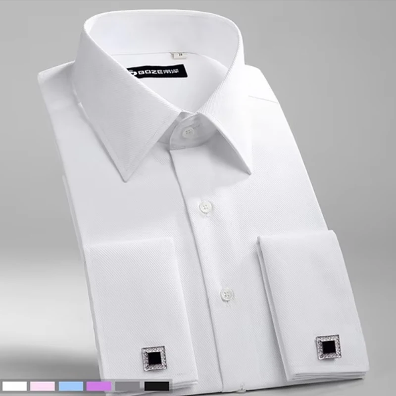 Camisa de manga larga para hombre, esmoquin de alta calidad, cuello de pie, vestido de boda, gemelos franceses blancos, novedad de 2024