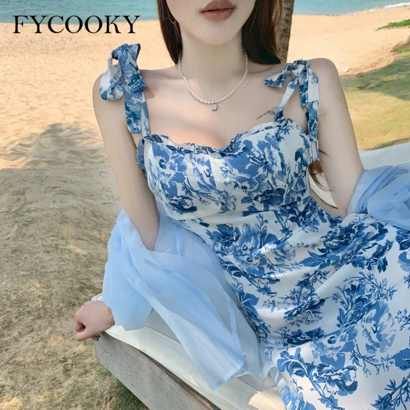 French Vintage Floral Straps Dress Women 2025 Summer New Fishtail Long Dress Ladies Elegant Ruffle Sleevless Dresses