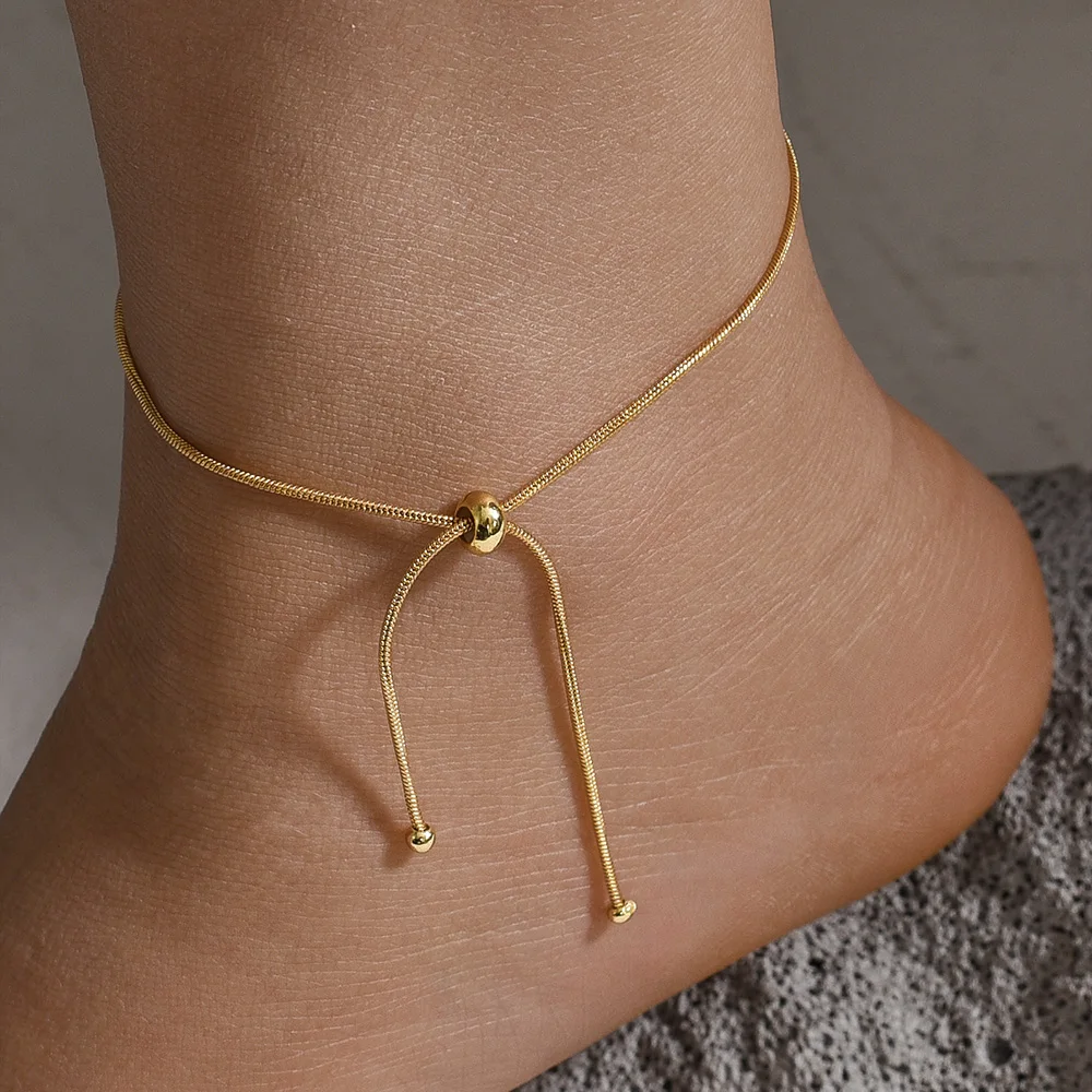 Adjustable Drawstring Slider Snake Anklets Chain Bracelets for Women Stainless Steel Jewelry Bangle Minimalist Ankle Bracelet