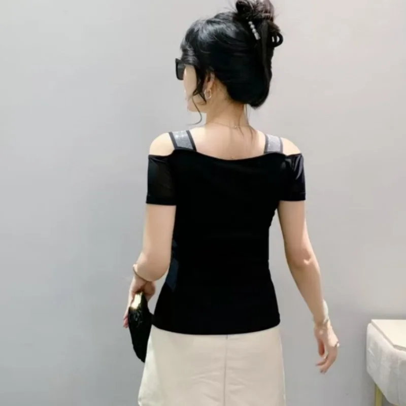 Sexy Off Shoulder Ladies Tees Luxury Shiny Flower Diamonds Design Women' T-Shirt Female Tops Summer Streetwear Camisa De Mujer
