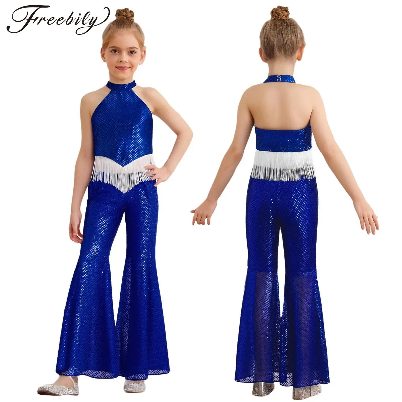 Kids Girls 70s Disco Jazz Dance Costume Sequins Halter Sleeveless Crop Top with Bell-Bottom Pants Music Festival Party Dancewear