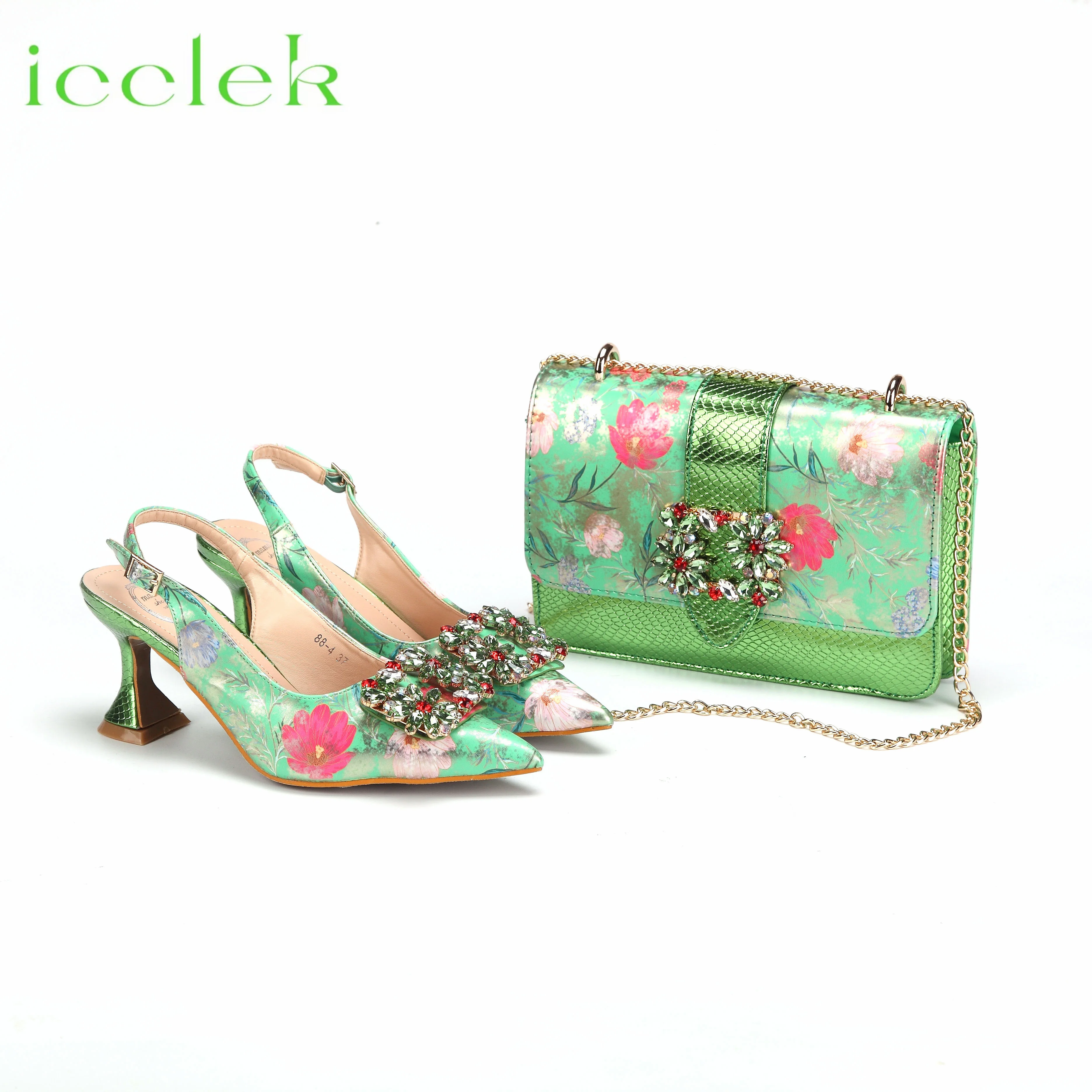 

Newest Green Color Print Design High Heels Decorated with Water Rhinestone Party Women's Shoes and Bags Set