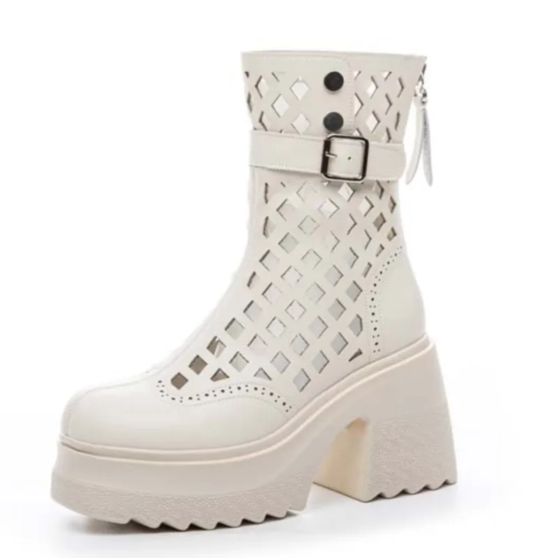 2026 10cm Genuine Leather Boots Chimney Sandals Hollow Ankle Booties ZIP Fashion Shoes Women Moccasins Summer Motorcycle