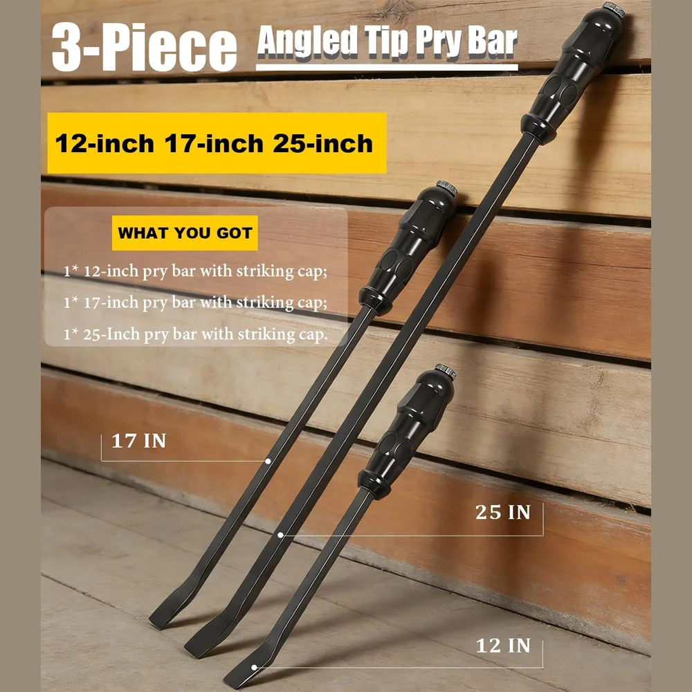 Angled End Handled Pry Bar with Striking Cap Set Steel, 3-Piece (12, 17, 25 in.), LSQ42103 Angled Tip Pry Bar Heavy Duty