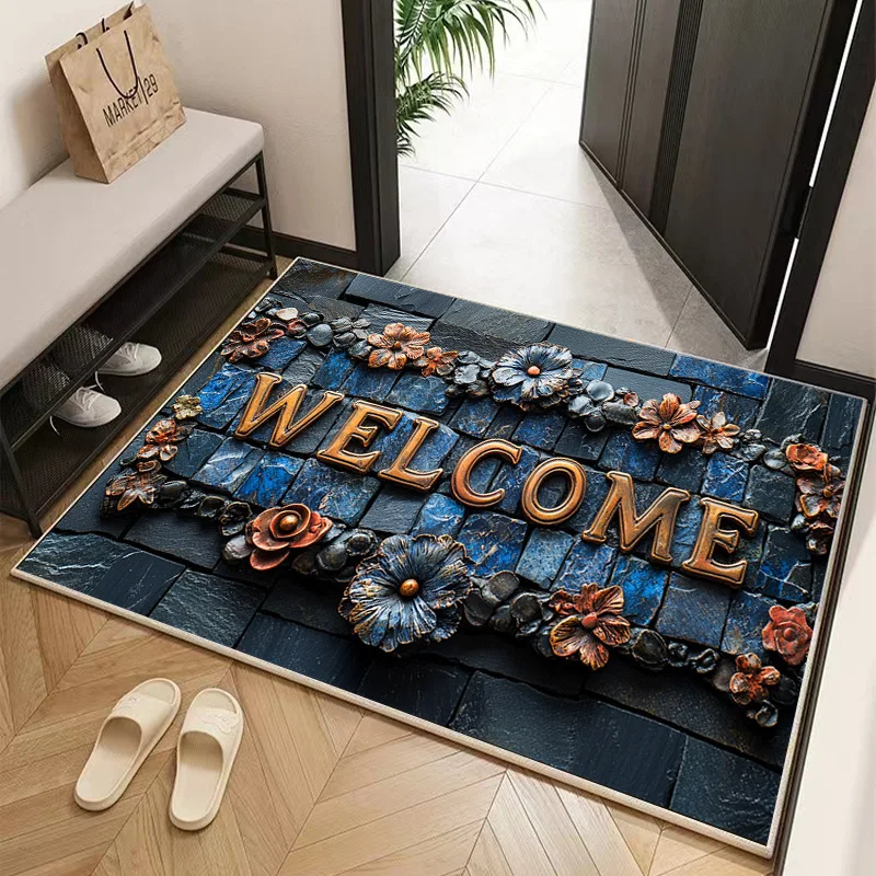 2D Embossed Retro Blue Stone Texture Floral Welcome Doormat Non Slip Absorbent Indoor Outdoor Entryway Floor Mat Home Decor