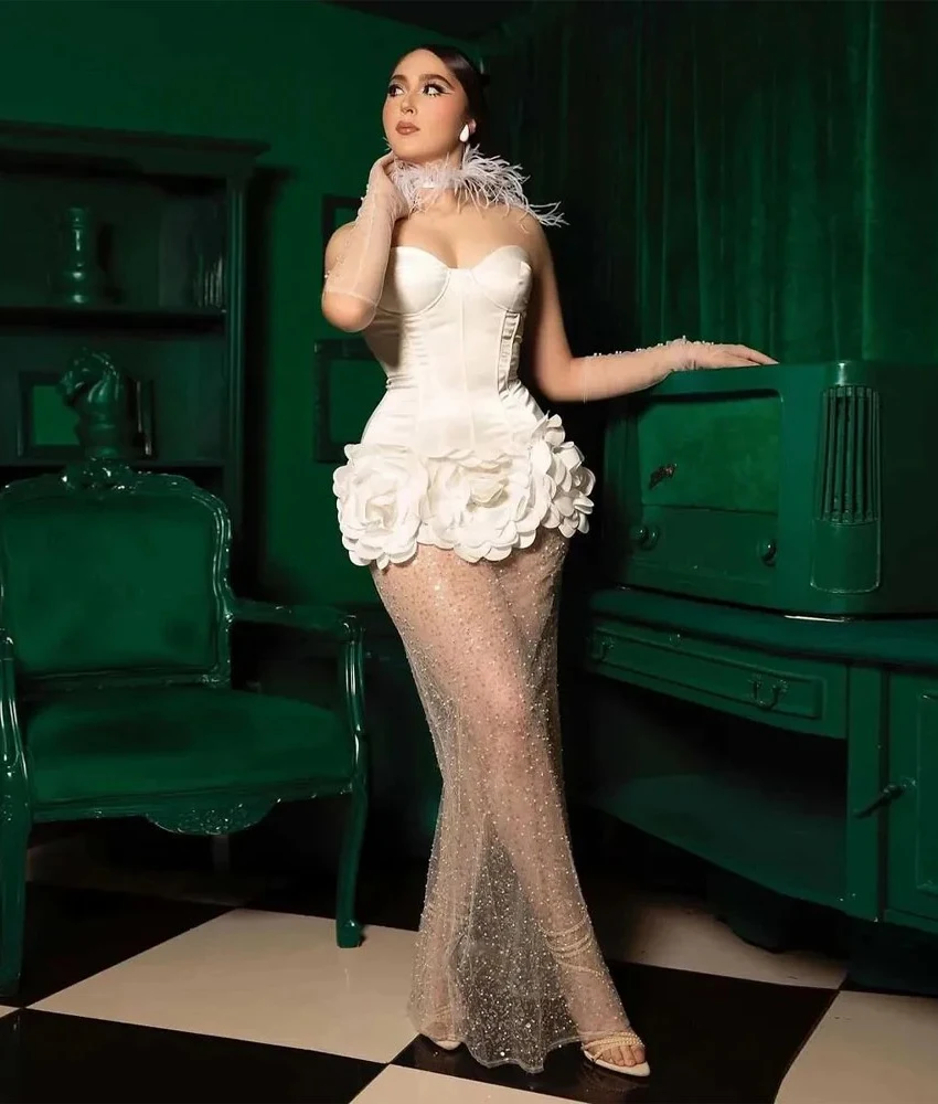 

Lzhk Customized Sexy Tulle Mermaid 3D Flowers Pearls Beading Evening Dress Delicate Sweetheart Sleeveless Prom Gowns Custom Made