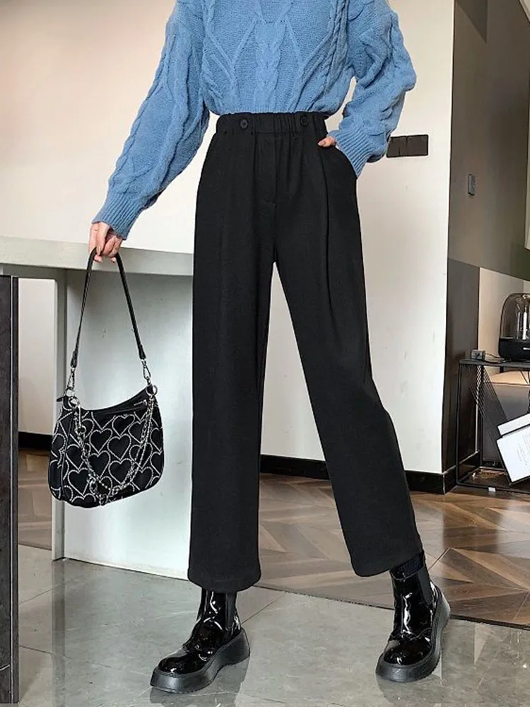 مكتب سميكة الصوفية سراويلي حريمي فضفاض المرأة عادية عالية الخصر مستقيم الكاحل طول بنطلونات فضفاضة موضة بنطلون