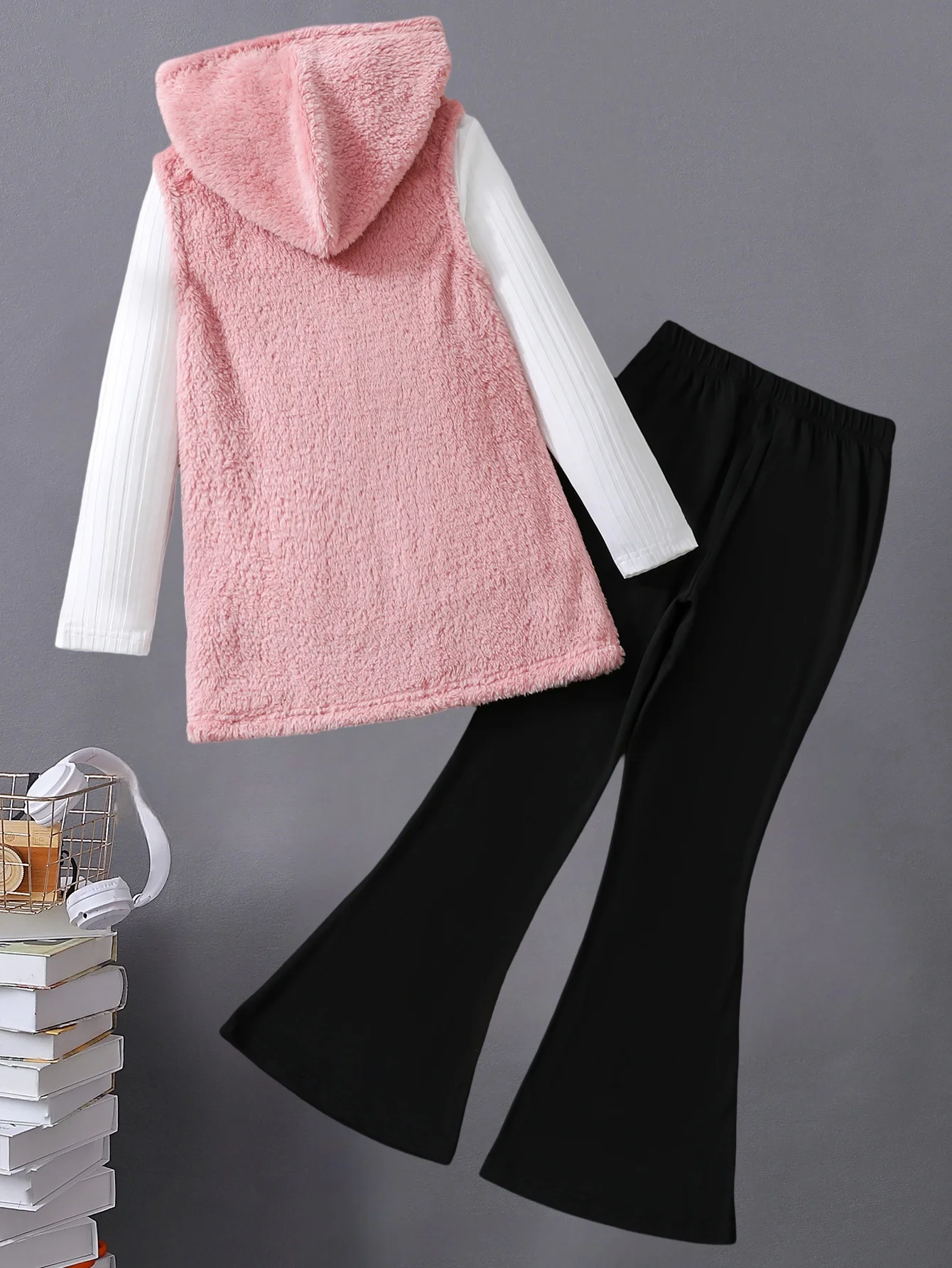 Autumn winter children\'s girls three-piece set pit strip long sleeve slim horn trousers sleeveless hooded coat bow waist fashion