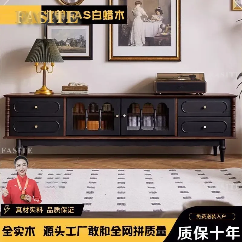For French Retro Solid Wood Coffee Table TV Cabinet Combo Black American Floor Storage Unit Small Apartment Living Room