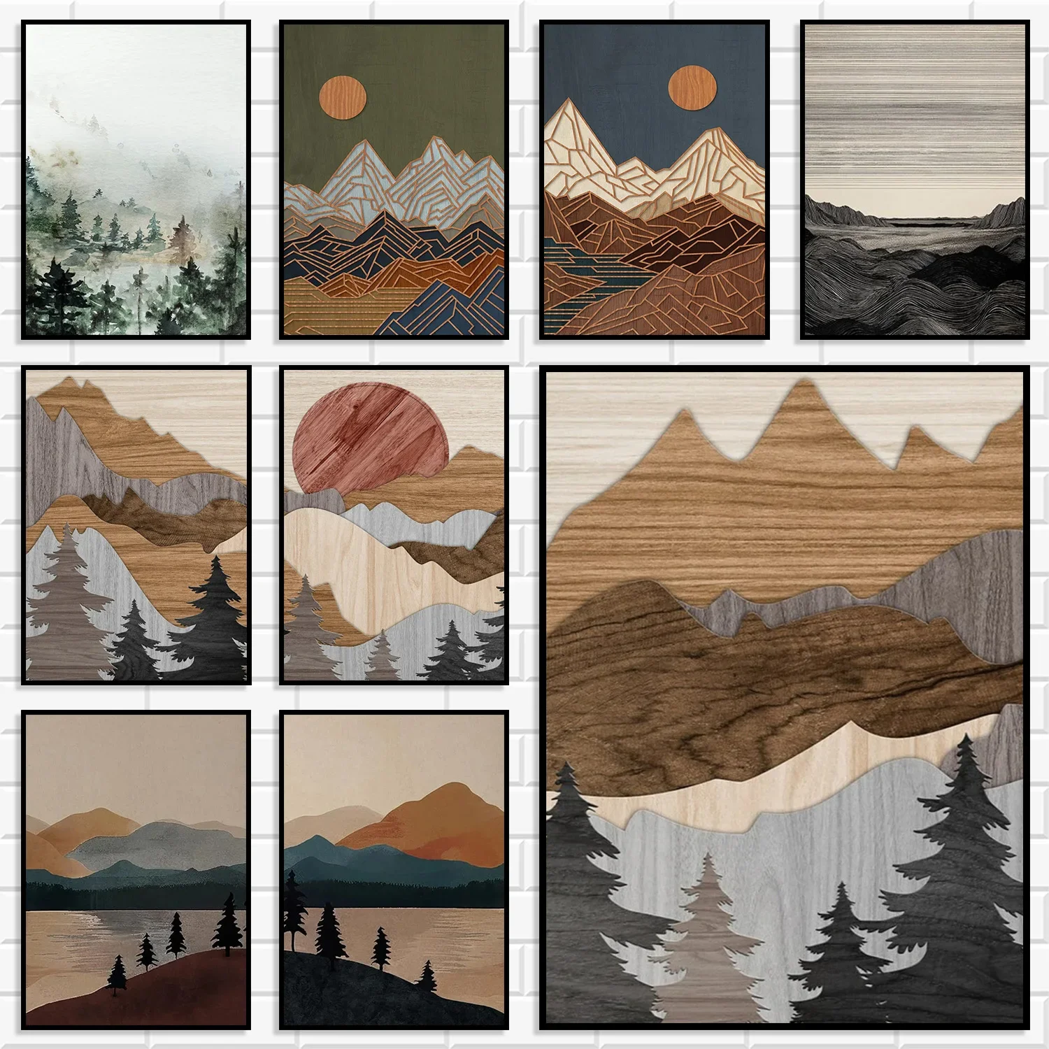 Nordic Boho Wooden Texture Mountain Canvas Poster Abstract Sun Pine Forest Landscape Wall Art for Home Interior Decoration