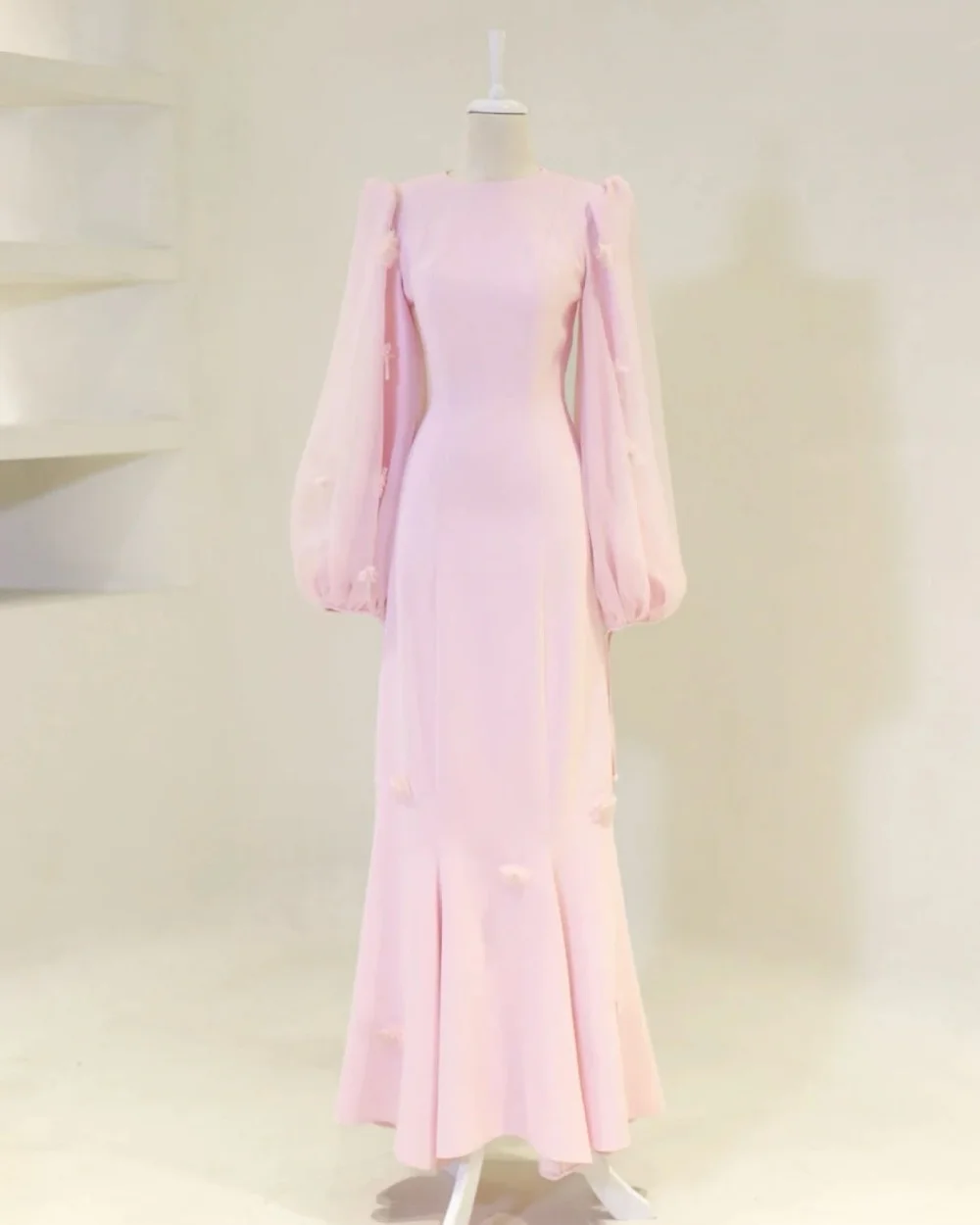 

Customized Pink Exquisite Fashion Jersey Pleat Flower Beading Tassel Mermaid High Collar Long Dresses Evening Dresses Elegant