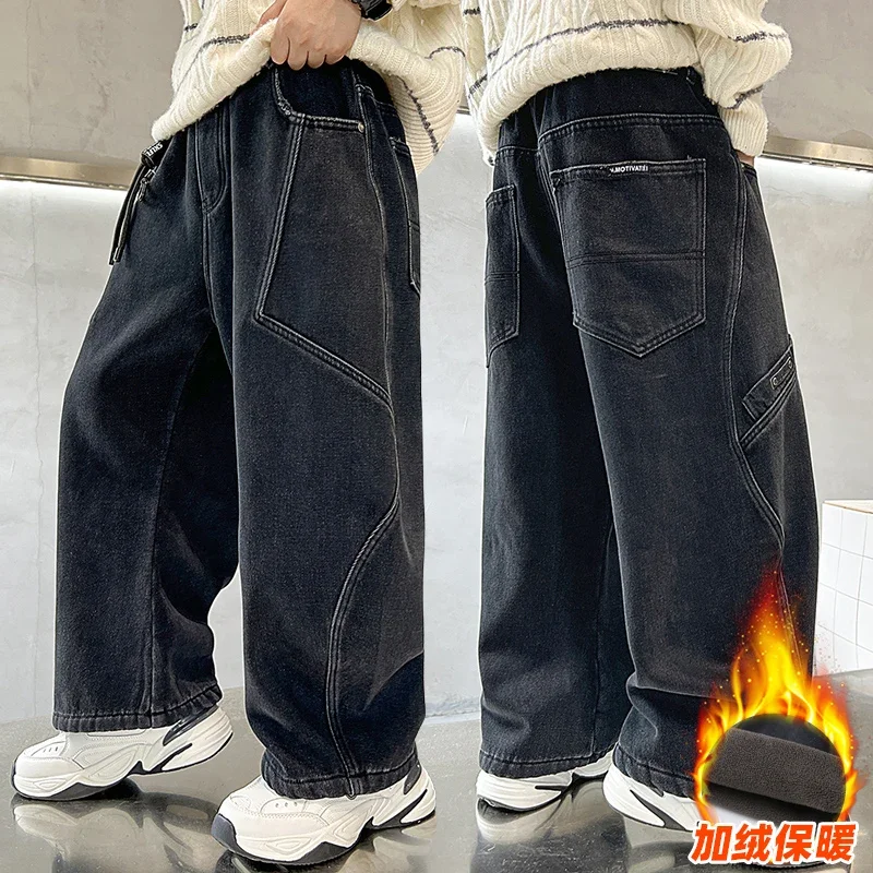 بنطلون NewBoys مبطن بالصوف لخريف وشتاء 2025 جينز سميك جديد للأطفال 4-15 سنة #5