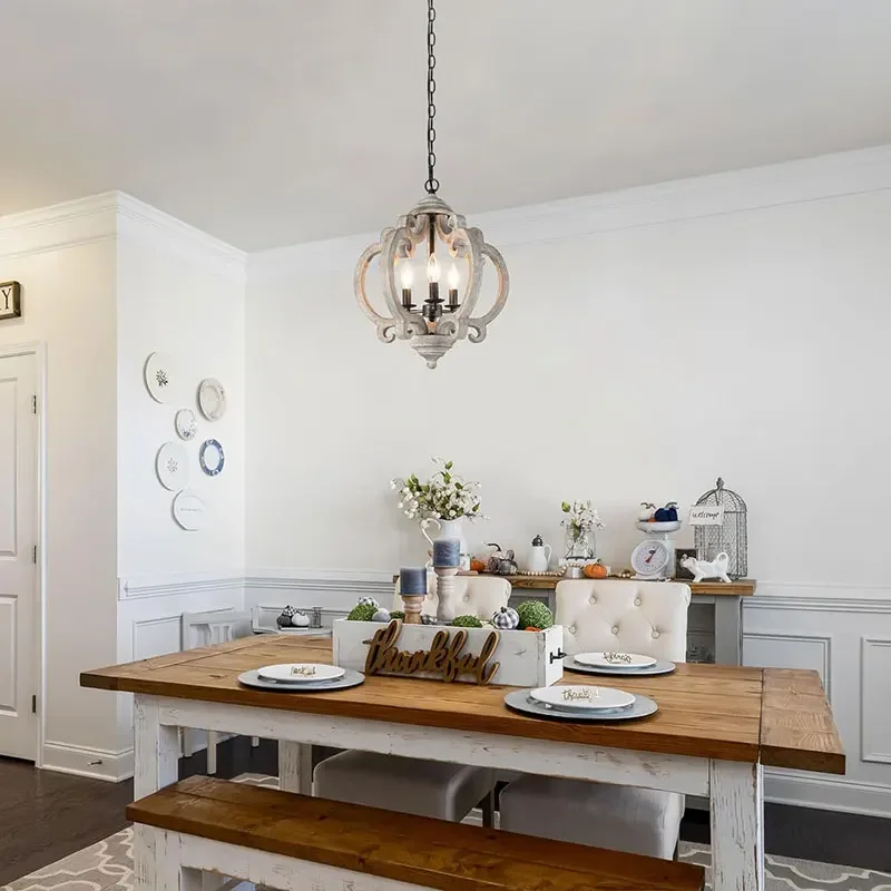 

Vintage Iron Chandelier With Candle Holder Living Room Kitchen Farmhouse Decoration American antique style Wooden Pendant Lamp