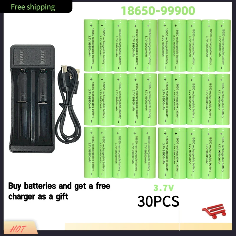 Bestselling100% original 18650 battery high-capacity 99900Mah 3.7V +charger,lithium-ion rechargeable battery for toy flashlights