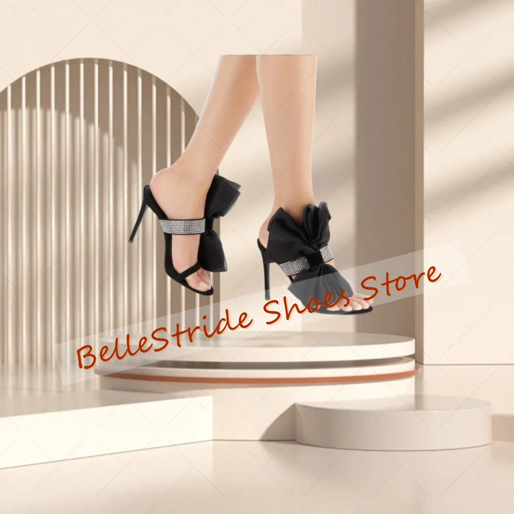 블랙 리본 장식 샌들 오픈토 패션 여성 슈즈 스틸레토 하이힐 파티 연회 데이트 2025 여성용 신발