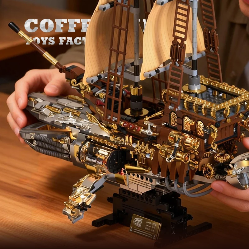 1979Pcs Creative Sci-Fi Whale Ship Building Blocks LED Cyberpunk Sailboat MOC Bricks Toys Mecha Pirate Boat Model Adult Gift NEW view 5
