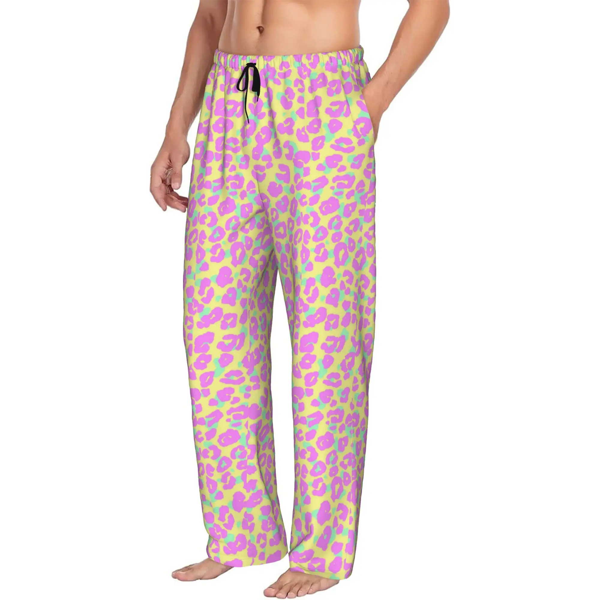 Custom Leopard Print Colorful Pajama Pants Men  Lounge Sleep Drawstring Sleepwear Bottoms with Pockets