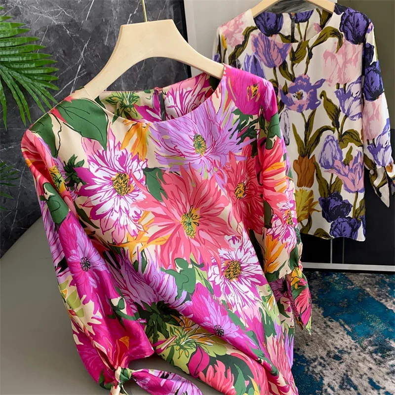 

Ma Home Tulip Silk irt Women's One oulder Floral Print Summer Commute round Ne Seven Sve Length Regular Straight Cut