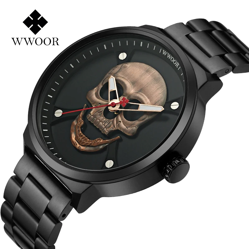 2024 Fashion Wwoor Top Brand Pirate Style Full Stainless Steel Skull Men Top Brand Luxury Waterproof Quartz Sports Wrist Watches