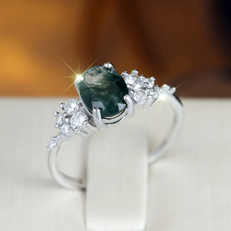 2026 New Non Fading Egg Shaped Water Grass Agate Ring, High-end Trend, Niche Fashion Jewelry, Green Moss Zircon Accessories